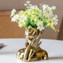Elegant Golden Hands Face Ceramic Vase | Yedwo Design
