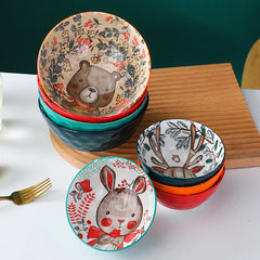 Forest Animal Design Household Handle Ceramic Bowl | Yedwo