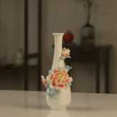 Handcrafted Floral Peony Relief White Porcelain Vase | Yedwo