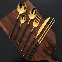 Japanese Inspired Bamboo Gold-Black Cutlery Set | Yedwo