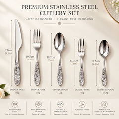 Japanese Rose Embossed 304 Stainless Steel Flatware Set | Yedwo