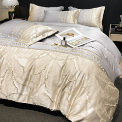 Luxurious Embroidered Leaf Design Ice Silk Duvet Cover | Yedwo