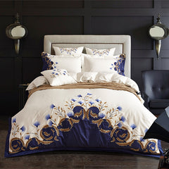 Luxury White Blue Chic Embroidered Bedding Set | Yedwo