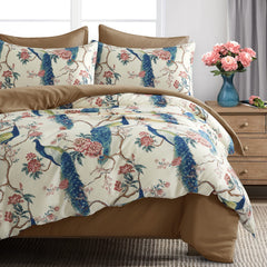 Oriental Garden Peacock Bird Floral Duvet Cover | Yedwo