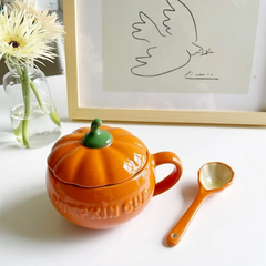 Cute Pumpkin Ceramics Coffee Mug With Lid and Spoon | Yedwo