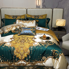 Rosalee Royal Gold And Green Embroidered Egyptian Cotton Duvet Cover Set | Yedwo