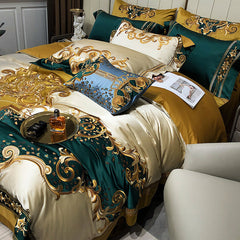 Rosalee Royal Gold And Green Embroidered Egyptian Cotton Duvet Cover Set | Yedwo