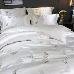 WHITE SILVER SILK COTTON LUXURY BUTTERFLY Embroidery BEDDING SET | Yedwo