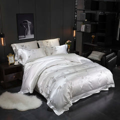 WHITE SILVER SILK COTTON LUXURY BUTTERFLY Embroidery BEDDING SET | Yedwo