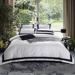 Dark Blue Stripe Egyptian Cotton Luxury White Duvet Cover Set | Yedwo