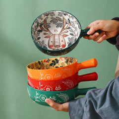 Forest Animal Design Household Handle Ceramic Bowl | Yedwo