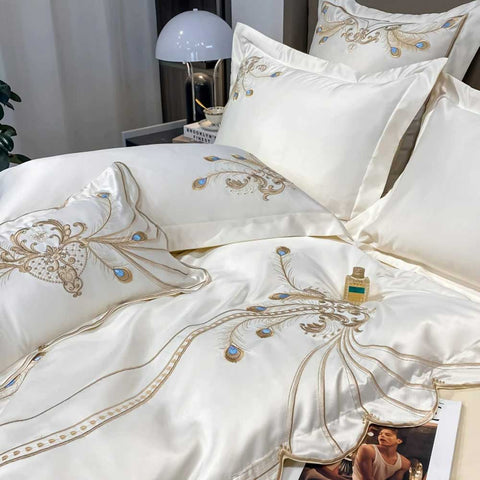 Luxury Gold Feather Embroidery Egyptian Cotton Bedding Set | Yedwo