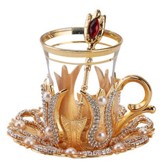 Turkish Tea Glasses Set with Saucers Holders Spoons & Tray(Set of 6) | Yedwo