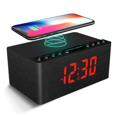 Wooden Digital Alarm Clock FM Radio,10W Fast Wireless Charger Station