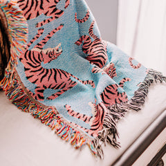 Artistic Boho Pink Tiger Woven Cotton Throw Blanket | Yedwo Design