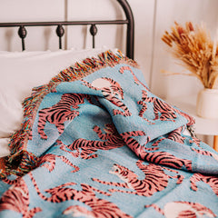 Artistic Boho Pink Tiger Woven Cotton Throw Blanket | Yedwo Design