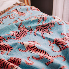 Artistic Boho Pink Tiger Woven Cotton Throw Blanket | Yedwo Design