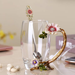 Enamel Sunflower Crystal Glass Tea Cup with Spoon Set | Yedwo Design