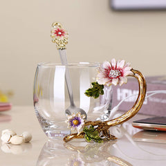 Enamel Sunflower Crystal Glass Tea Cup with Spoon Set | Yedwo Design