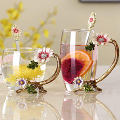 Enamel Sunflower Crystal Glass Tea Cup with Spoon Set | Yedwo Design