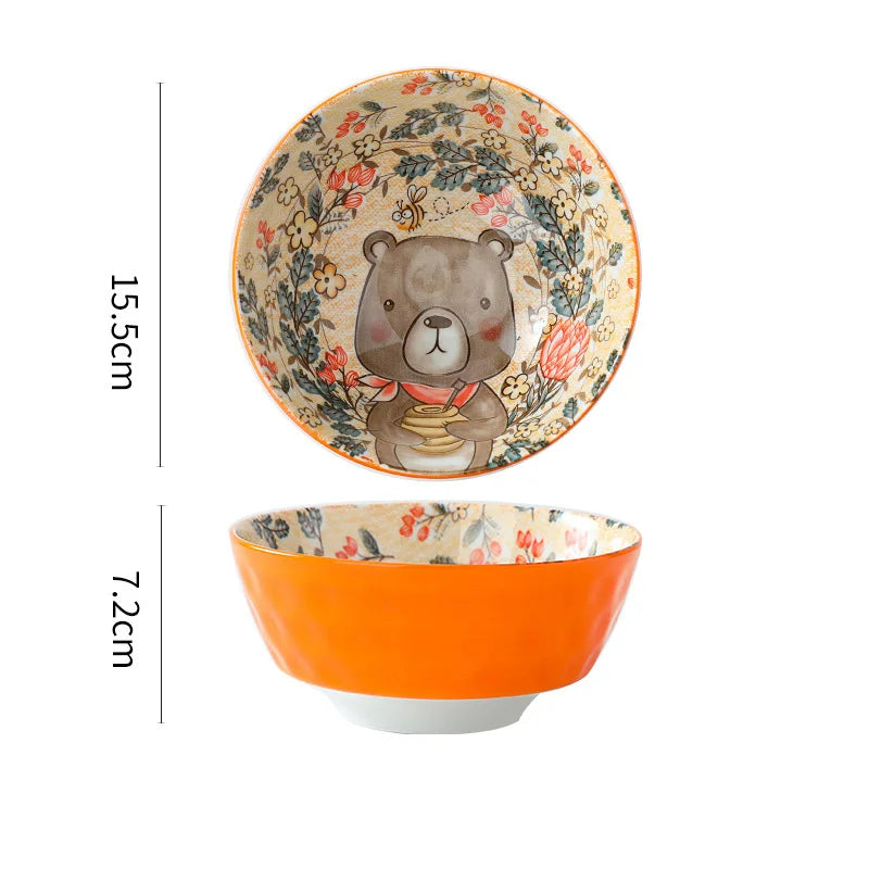 Forest Animal Design Household Handle Ceramic Bowl | Yedwo