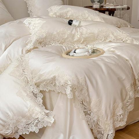 French Romantic Wedding Chic White Lace Bedding Set | Yedwo Home