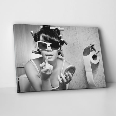 Girl Putting On Makeup Sits In The Toilet Canvas Wall Art | Yedwo