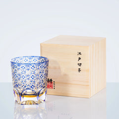 Handcrafted Edo Kiriko Blue Amber Whisky Glass With Wooden Box | Yedwo Design