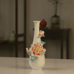 Handcrafted Floral Peony Relief White Porcelain Vase | Yedwo