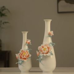 Handcrafted Floral Peony Relief White Porcelain Vase | Yedwo