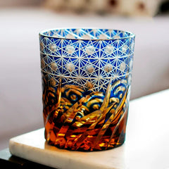 Handcrafted Edo Kiriko Blue Amber Whisky Glass With Wooden Box | Yedwo Design