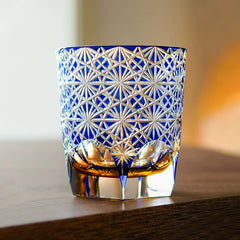 Handcrafted Edo Kiriko Blue Amber Whisky Glass With Wooden Box | Yedwo Design