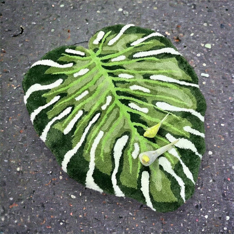 Handmade Monstera Leaf with Fluffy Moss Plant Rug | Yedwo Design