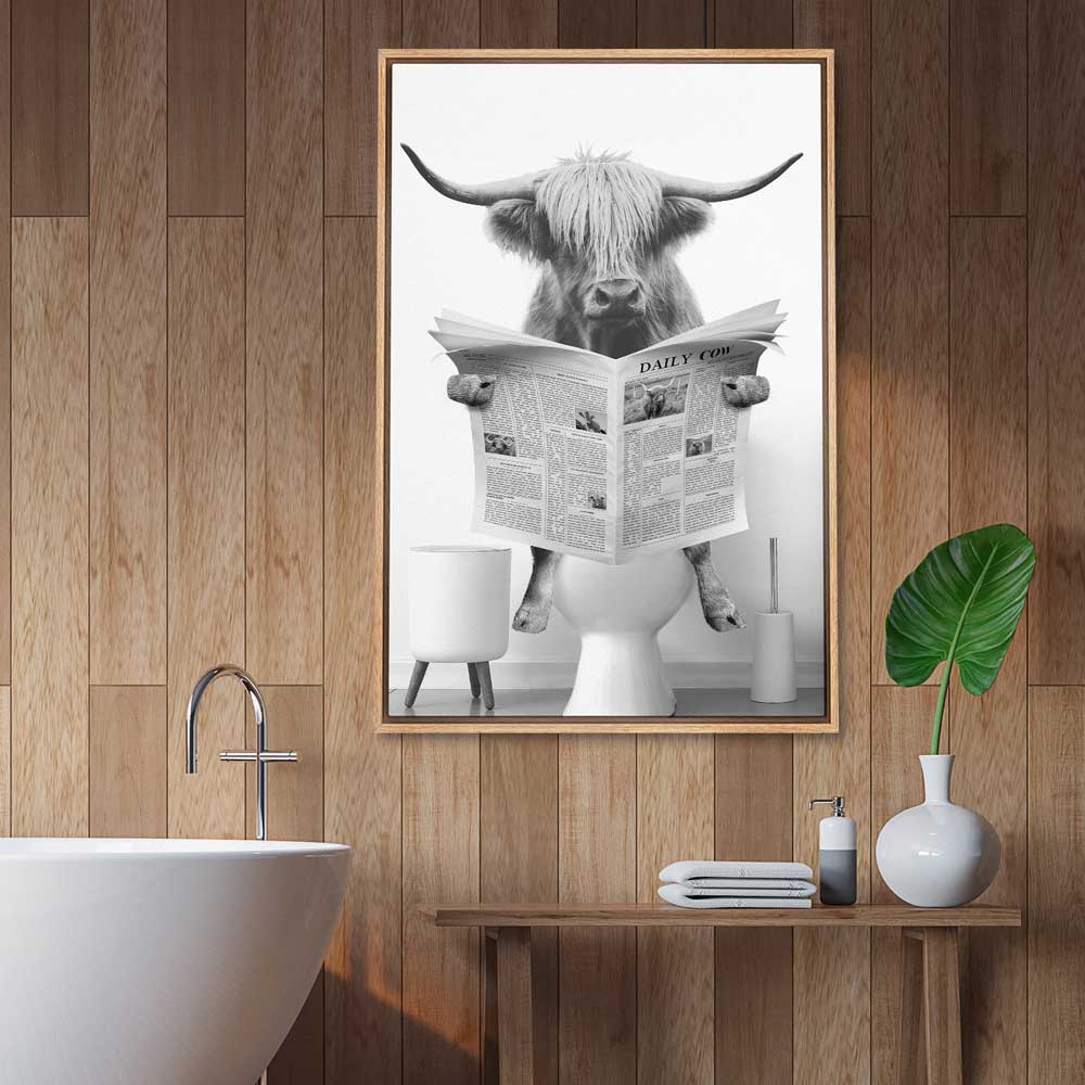 Highland Cow Sitting on the Toilet Framed Canvas Wall Art | Yedwo – YEDWO
