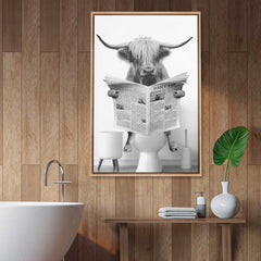 Highland Cow Sitting on the Toilet Framed Canvas Wall Art | Yedwo