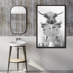 Highland Cow Sitting on the Toilet Framed Canvas Wall Art | Yedwo