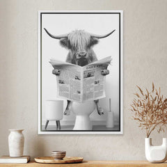 Highland Cow Sitting on the Toilet Framed Canvas Wall Art | Yedwo