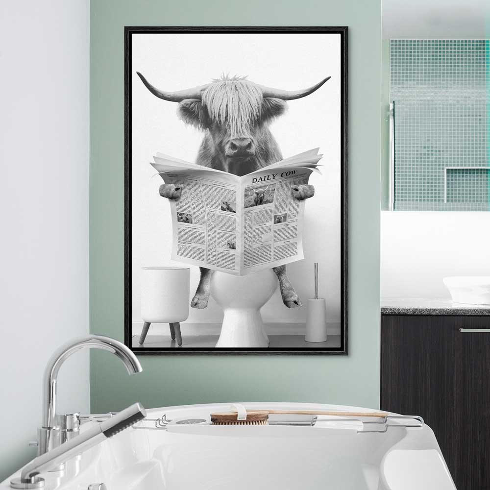 Highland Cow Sitting on the Toilet Framed Canvas Wall Art | Yedwo – YEDWO