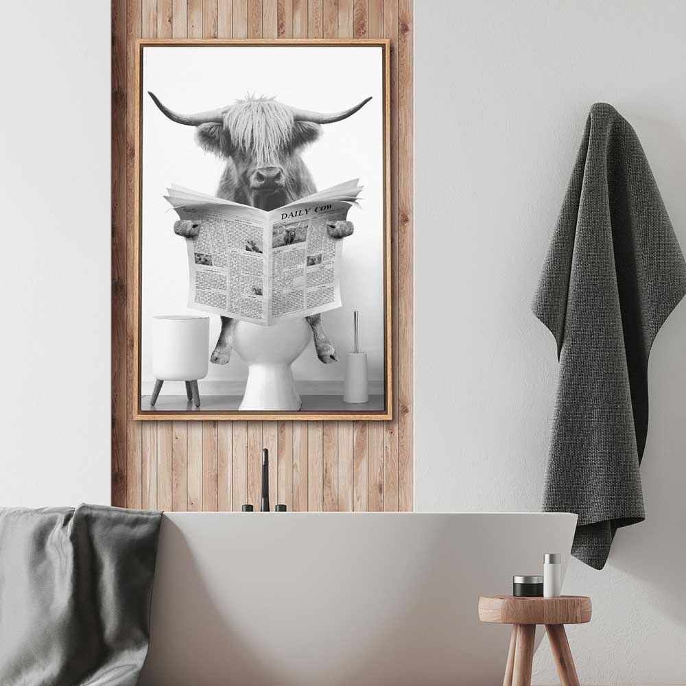 Highland Cow Sitting on the Toilet Framed Canvas Wall Art | Yedwo – YEDWO