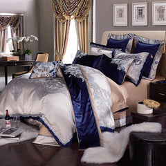 Impero Blue Silver Silk Cotton Jacquard Luxury Chinese Bedding Set | Yedwo