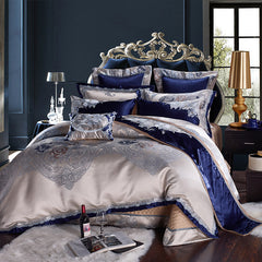 Impero Blue Silver Silk Cotton Jacquard Luxury Chinese Bedding Set | Yedwo