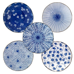 Japanese Mino Ware Ceramic Dinner Plate Set – 5-Piece Blue Underglaze Collection