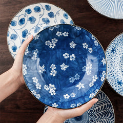 Japanese Mino Ware Ceramic Dinner Plate Set – 5-Piece Blue Underglaze Collection