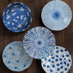 Japanese Mino Ware Ceramic Dinner Plate Set – 5-Piece Blue Underglaze Collection