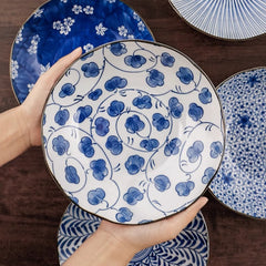 Japanese Mino Ware Ceramic Dinner Plate Set – 5-Piece Blue Underglaze Collection