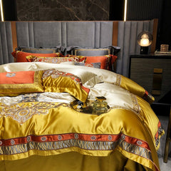 Kai Luxury Palace Golden Jacquard Embroidered Silk Cotton Bedding Set | Yedwo