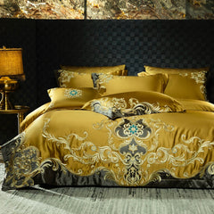 Luxury European Gold 140TC Silk-Cotton Jacquard Embroidered Bedding Set | Yedwo