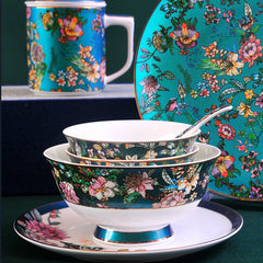 Luxury Floral & Bird Enamel Bone Porcelain Dinnerware | Yedwo Design