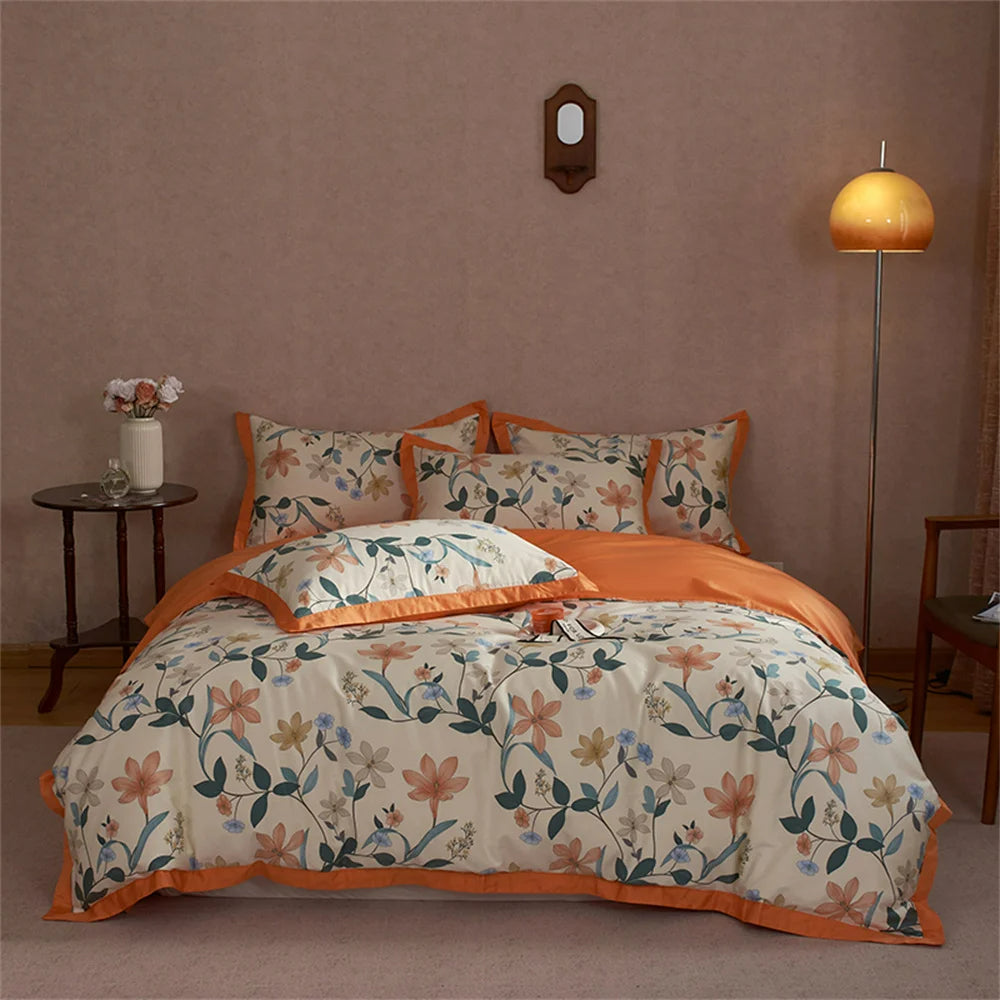 Orange Pastoral Flowers Egyptian Cotton Duvet Cover | Yedwo Home