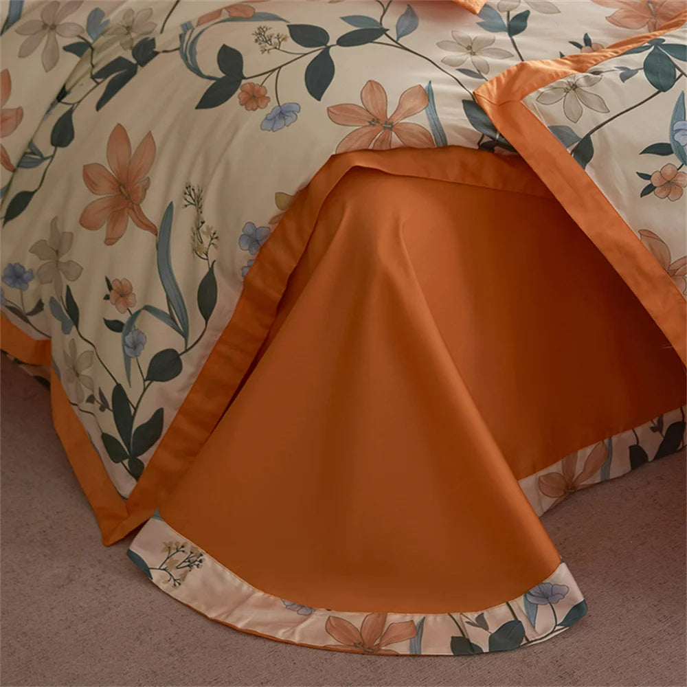 Orange Pastoral Flowers Egyptian Cotton Duvet Cover | Yedwo Home